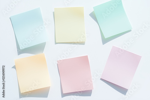 Wallpaper Mural Pastel Post-it Notes: Six pastel-colored sticky notes arranged on a surface, casting delicate shadows, offering a clean and organized aesthetic perfect for reminders, notes, or design inspiration.  Torontodigital.ca