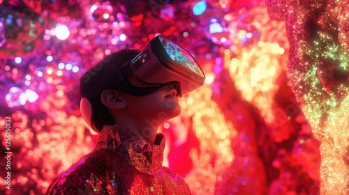 A person wearing a virtual reality headset with red lights and wires connected to the headset, suggesting advanced technology or a futuristic setting.