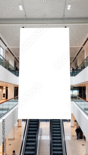 Blank white banner hanging in a modern shopping mall.  Ideal for advertising mockups, retail spaces, and design elements. Escalators and shops in background.