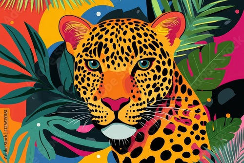 Colorful leopard portrait surrounded by tropical foliage photo