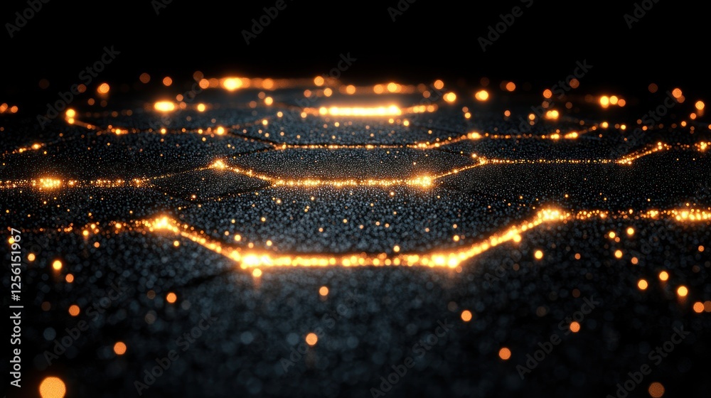 Fototapeta premium Glowing hexagonal grid on dark textured surface.