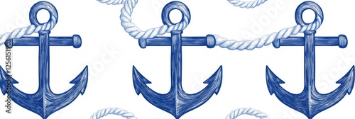 Classic nautical anchors and ropes pattern design in blue and white featuring vintage maritime symbols for seamless use photo