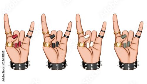 Female Hand in Rock Gesture illustration. Heavy Metal Sign. Female Hand with Beautiful Manicure and Rings.  Beauty Salon design concept HAND DRAWN vector art