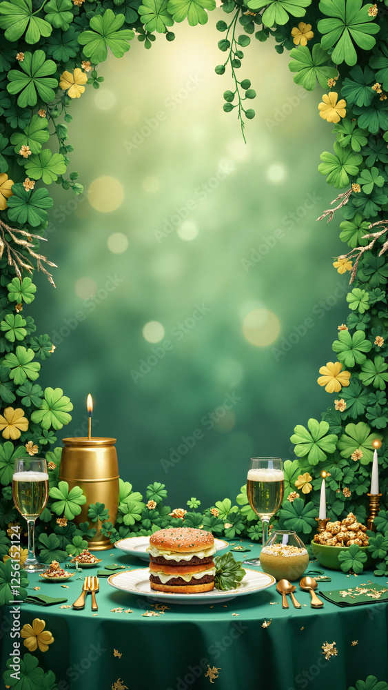 Festive St. Patrick's Day Clover Arrangement: Vibrant Green and Gold Clipart for Marketing and Event Promotions