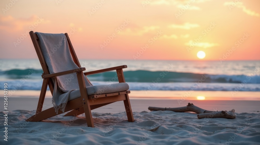 Serene Sunset Beach Scene Wooden Chair with Soft Throw Blanket, Ocean Waves, and Driftwood at Dusk Serene Sunset Beach Scene Wooden Chair with Soft Throw Blanket, Ocean Waves, and Driftwood at Dusk