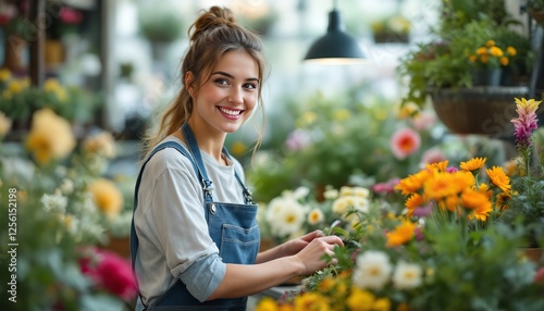 Young florist arranging vibrant flower bouquet in cozy shop