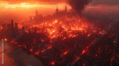 Aerial view of a burning city skyline at sunset photo