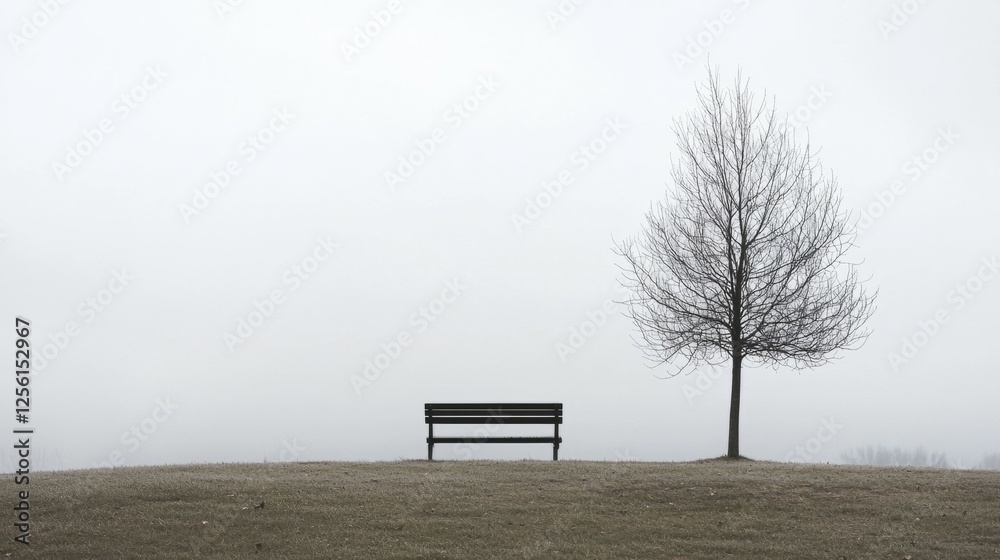 Lonely Bench Under a Bare Tree in a Misty Landscape Scene Lonely Bench Under a Bare Tree in a Misty Landscape Scene