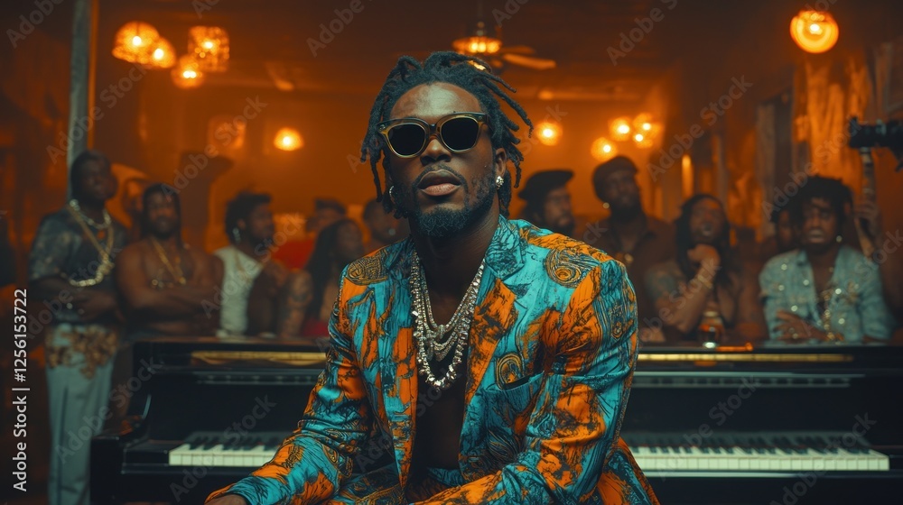Obraz premium Stylish man in turquoise jacket at piano with background crowd.