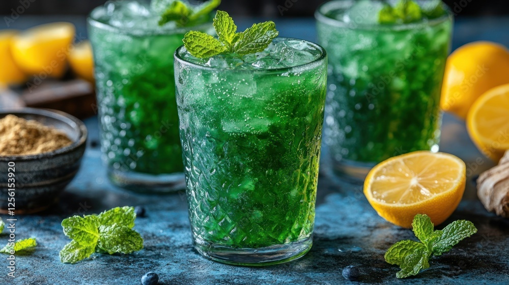 Refreshing green iced drink with lemon and mint garnish. Refreshing green iced drink with lemon and mint garnish.