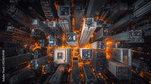 Fototapeta Naklejka Na Ścianę i Meble -  Aerial view of a city center radiating with orange light