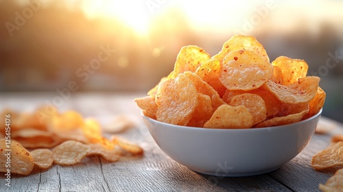 Fototapeta Naklejka Na Ścianę i Meble -  Bowl of crispy potato chips outdoors at sunset.
