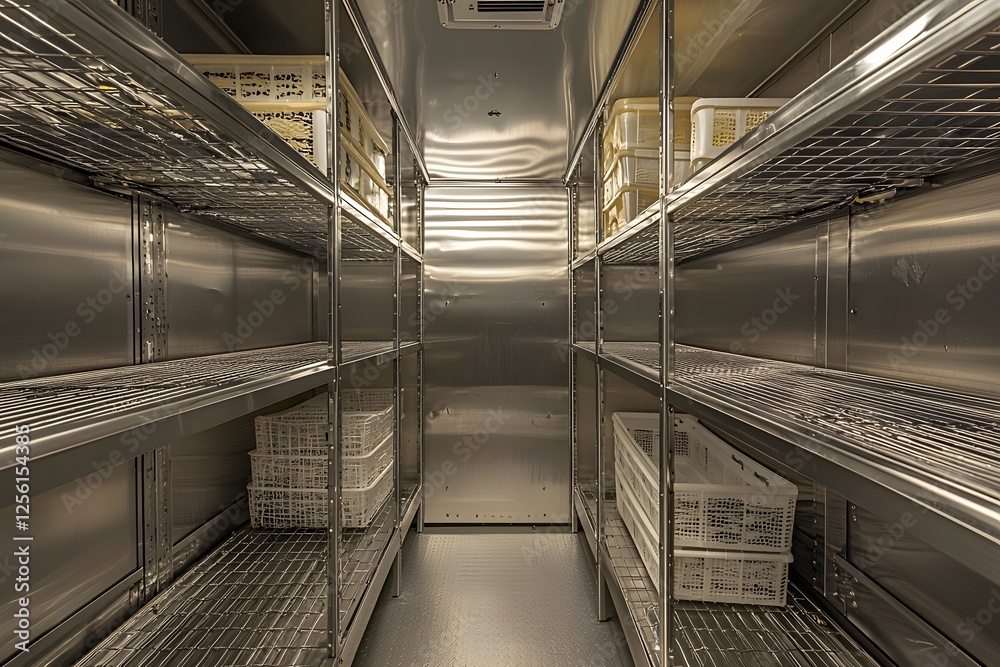 Fototapeta premium Stainless Steel Walk-in Cooler Interior: Rows of empty stainless steel shelving units fill a clean and organized walk-in cooler, ready for food storage. The industrial design is bright and spotless.
