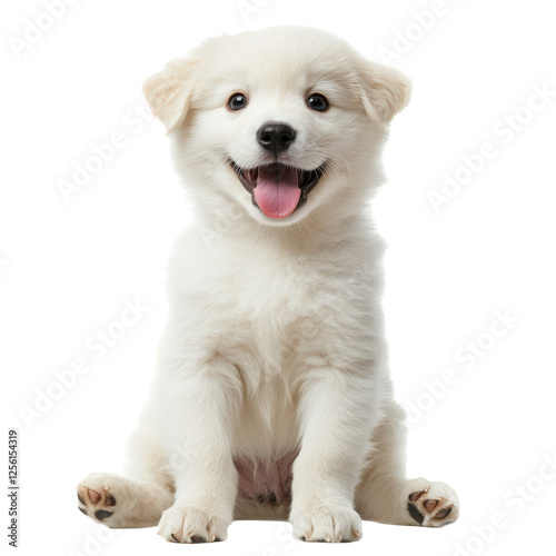 A small white furred dog with a blank background