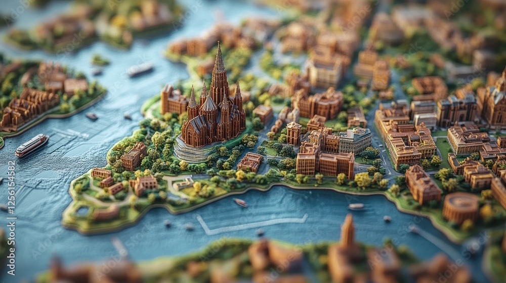 Miniature city model with cathedral, buildings, and waterway. Miniature city model with cathedral, buildings, and waterway.
