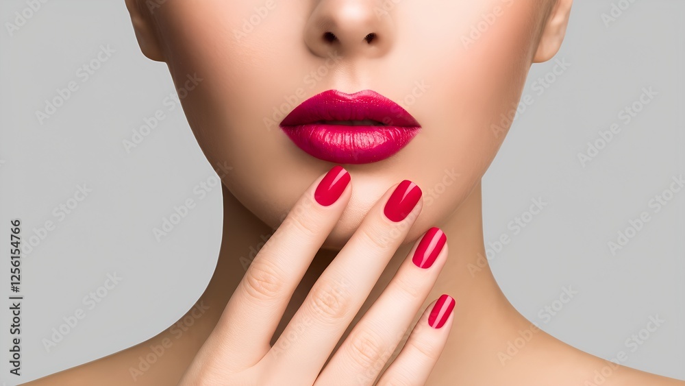 Fototapeta premium Women's lips with bright red lipstick and perfect makeup. Sensual image.