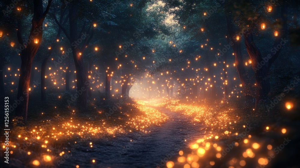 Magical forest path illuminated by glowing lanterns and fairy lights at night. Magical forest path illuminated by glowing lanterns and fairy lights at night.