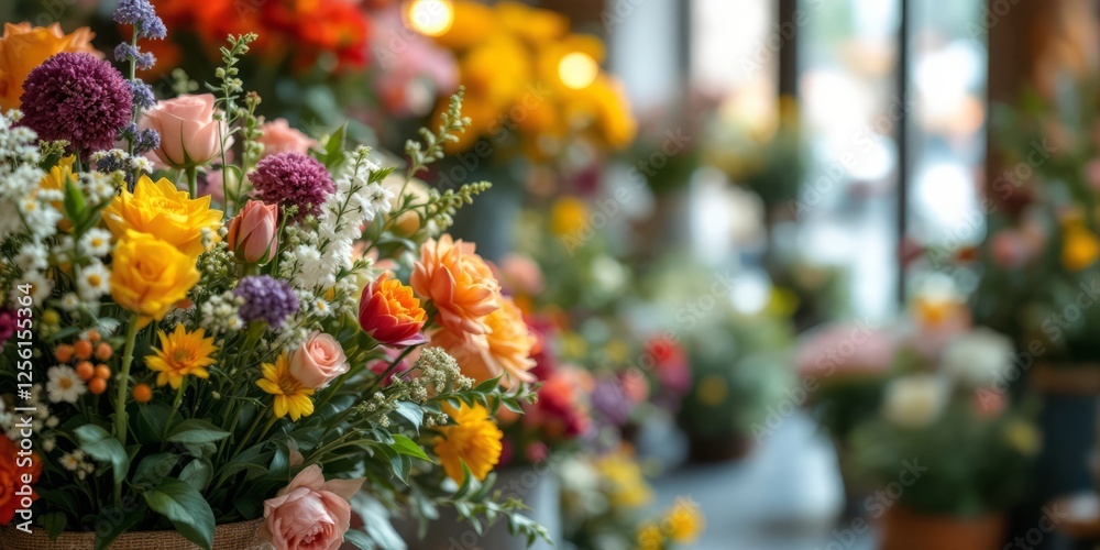 Fototapeta premium Vibrant bouquet showcasing assorted roses, dahlias, and other fresh blooms, emphasizing the beauty and elegance of floral arrangements for celebrations and decor