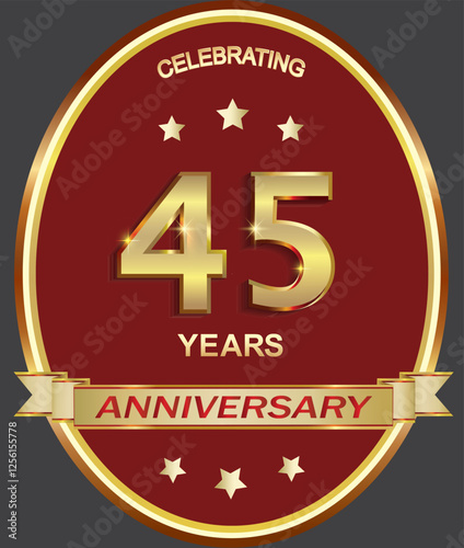 45 years anniversary celebration, greeting card, festive background with golden jubilee numerals in oval frame with stars and ribbon, logo, icon. Vector illustration