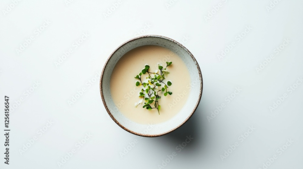 Creamy Soup in a Bowl with Fresh Herbal Garnish on Light Background Creamy Soup in a Bowl with Fresh Herbal Garnish on Light Background