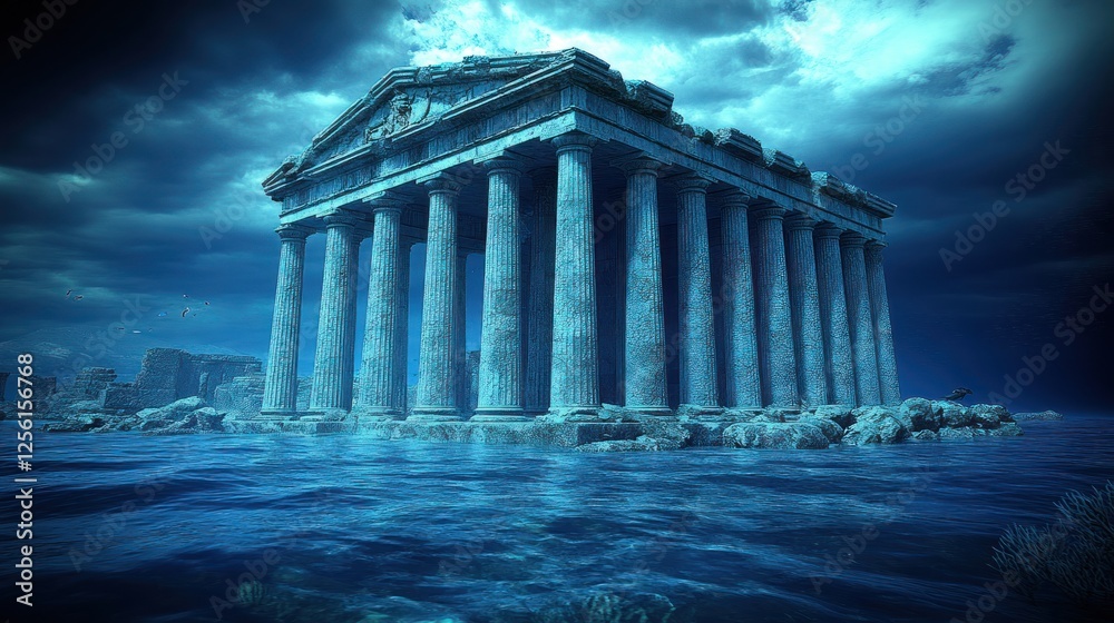 Obraz premium Submerged ancient Greek temple ruins at night, partially underwater with stormy sky.