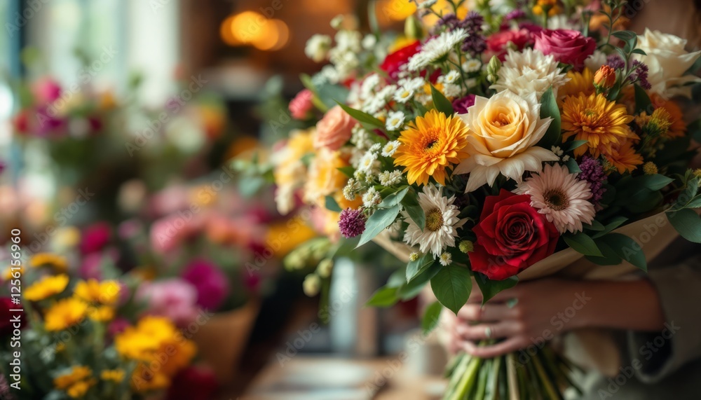 Obraz premium An elegant mix of fresh flowers in a bouquet, vibrant colors featuring roses, sunflowers, and daisies, creates a warm and welcoming atmosphere.