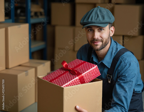 A man in a warehouse wraps a gift
