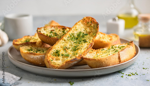 Cheesy garlic baguette on ceramic plate. Tasty food. Appetizing snack. Cooking and culinary concept photo