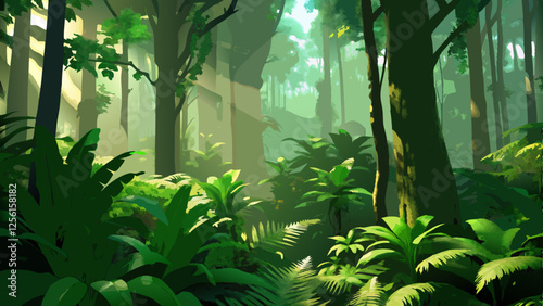 Lush green rainforest, sun rays piercing through dense canopy, misty atmosphere, vibrant ferns and undergrowth, tall tree trunks, deep forest scene