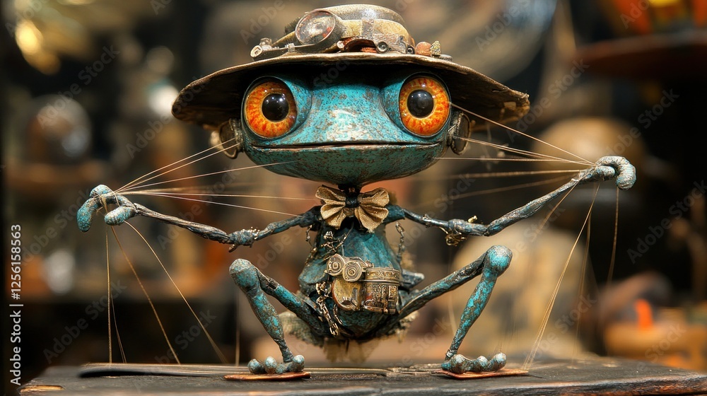 Fototapeta premium Steampunk frog puppet with large eyes, wearing a hat and bow tie, manipulating strings.