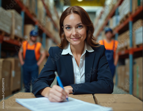 Smiling girl with pen in hand signing documents in warehouse