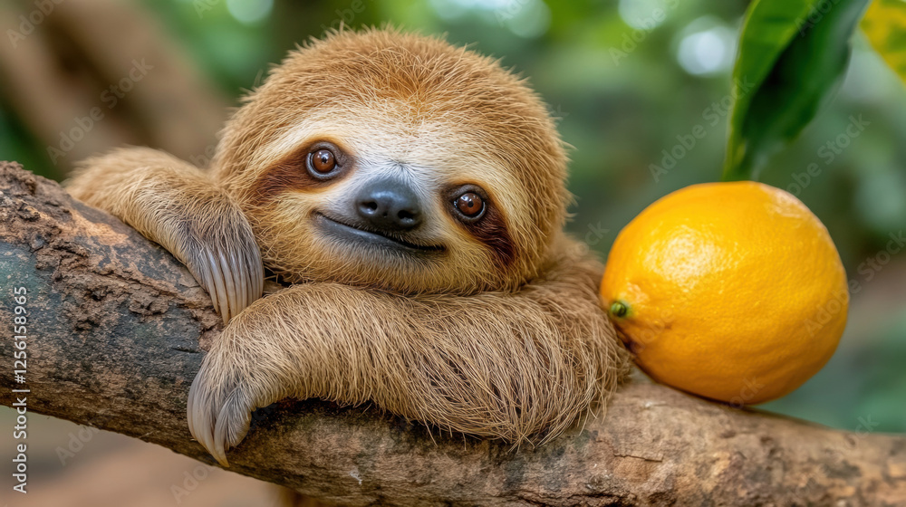 Fototapeta premium Happy sloth, A happy sloth smiles while hanging from a tree branch in this high-fidelity image, perfect for nature-loving audiences.