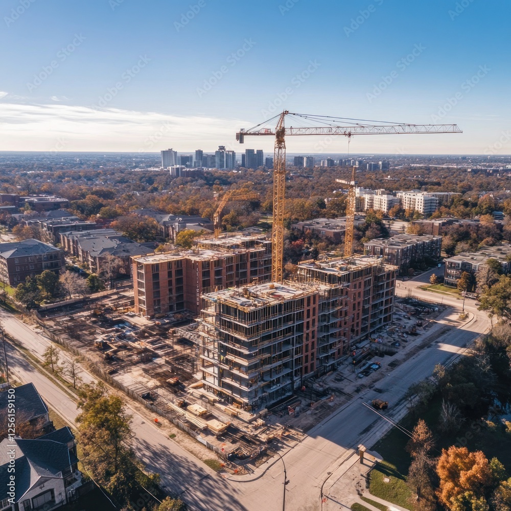 Obraz premium Aerial view of apartment construction site with cranes and residential buildings in the background