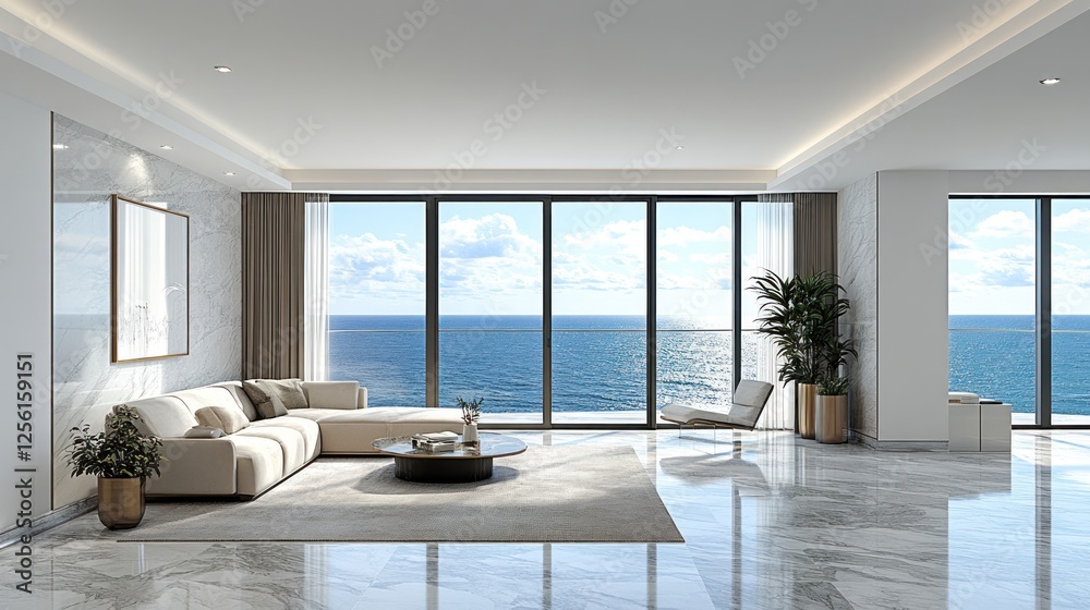Fototapeta premium Modern luxury apartment living room with ocean view.