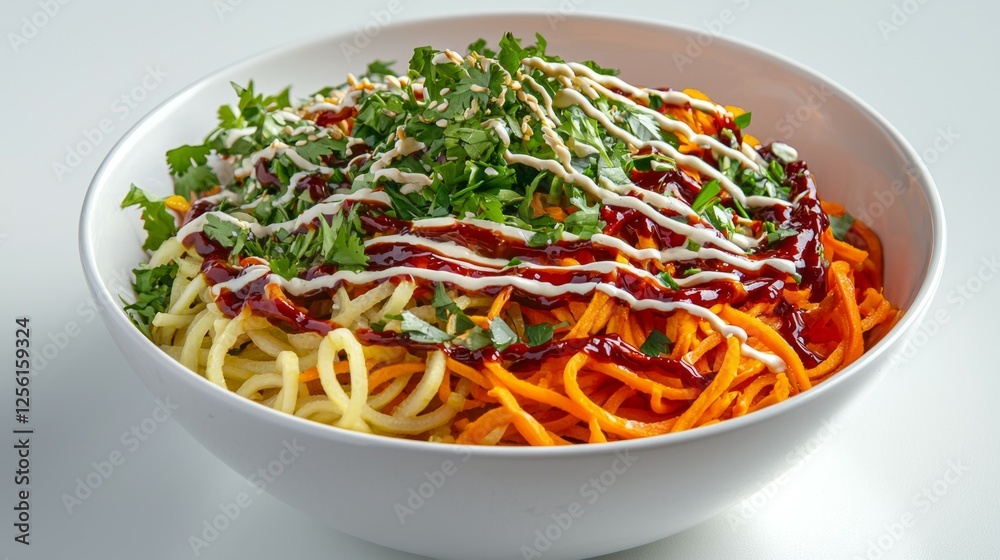 Colorful Bowl of Noodles Topped with Sauce and Fresh Herbs Colorful Bowl of Noodles Topped with Sauce and Fresh Herbs