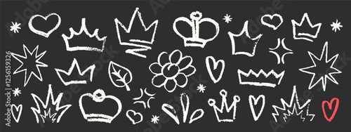 Crayon Pencil Blackboard Squiggles Vector Set. Chalk Scribble Graffiti Shapes Collection. Hand Drawn Brush Texture Hearts, Flowers Stars and Crown Squiggles. Pencil Childish Girly Charcoal Doodles