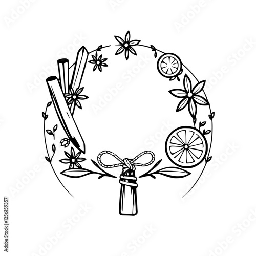 Floral wreath of spices surrounded by leaves
            Keywords: wreath,
            cinnamon, cinnamon sticks, star anise, orange, lemons, herbs, natural,
            stylized, food, ingredient, sp