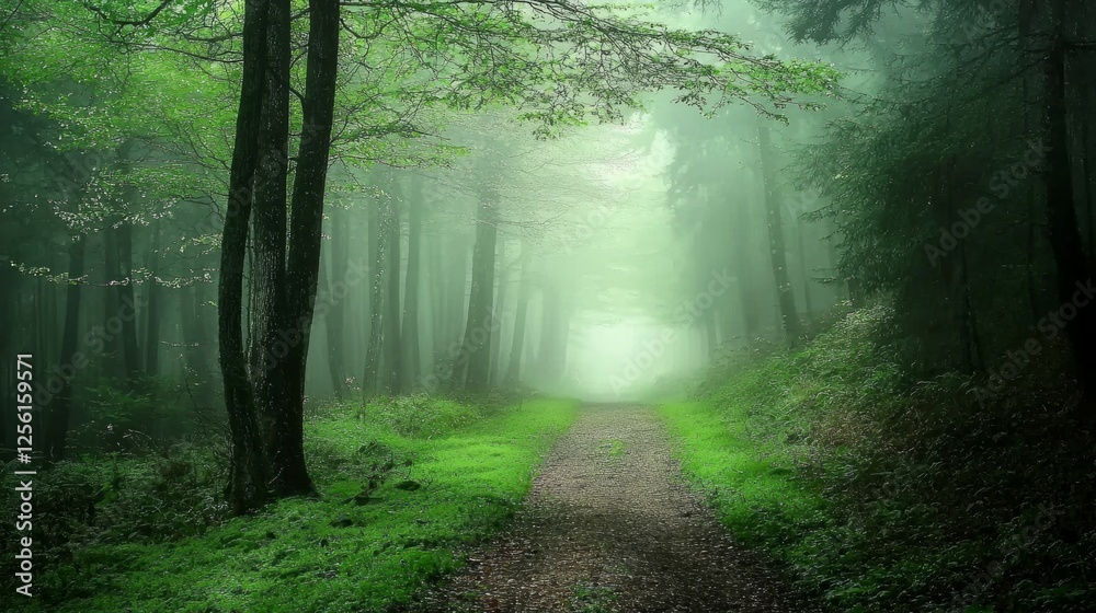 Naklejka premium Lush Green Forest Pathway Surrounded by Mist and Tranquility