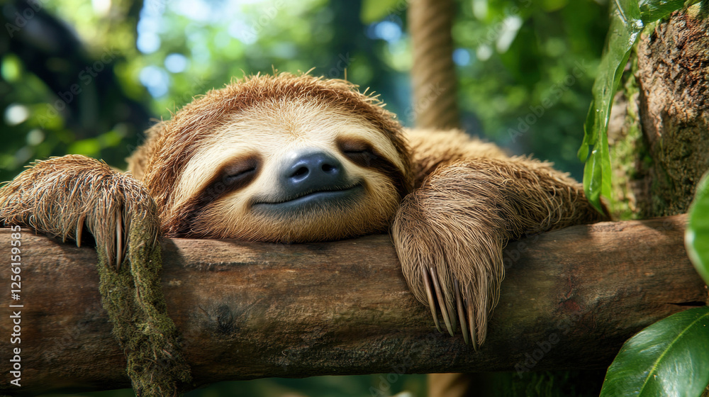 Fototapeta premium Happy sloth, A high-fidelity photorealistic image of a sloth enjoying a scenic view, ideal for stock image use.