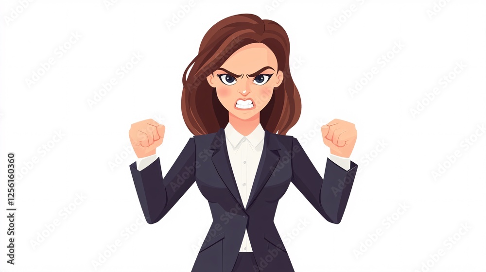 Angry businesswoman expressing frustration with clenched fists and a fierce expression. Angry businesswoman expressing frustration with clenched fists and a fierce expression.