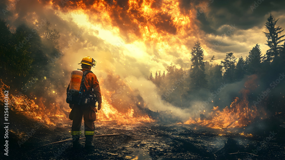 Firefighter Fighting Natural Disaster, Concept of Fighting a Forest Fire Firefighter Fighting Natural Disaster, Concept of Fighting a Forest Fire