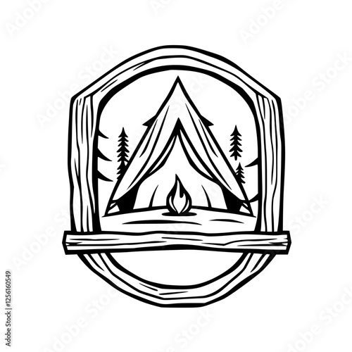 Rustic camping scene within a naturalistic, woody frame, featuring a tent, campfire, and trees.