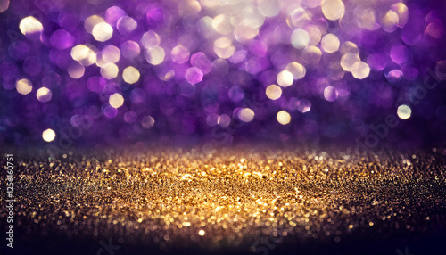 purple gold and black glitter vintage lights background defocused