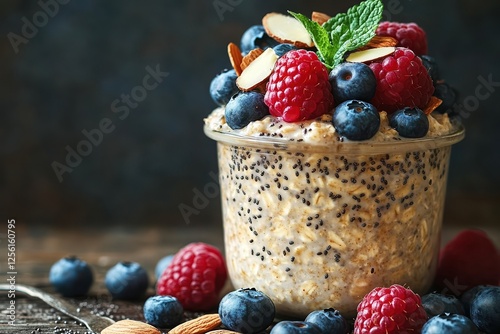  Overnight oats in a glass jar topped with fresh berries and almonds. Creamy oats soaked in almond milk fill the jar, layered with chia seeds and sweetened naturally with honey. photo