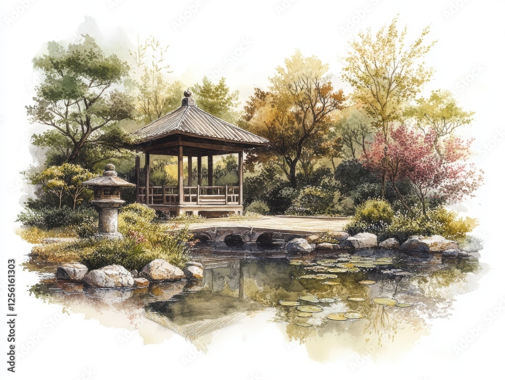 Tranquil Japanese Garden with Pavilion and Lantern Reflecting on Still Water in Autumn Colors Tranquil Japanese Garden with Pavilion and Lantern Reflecting on Still Water in Autumn Colors