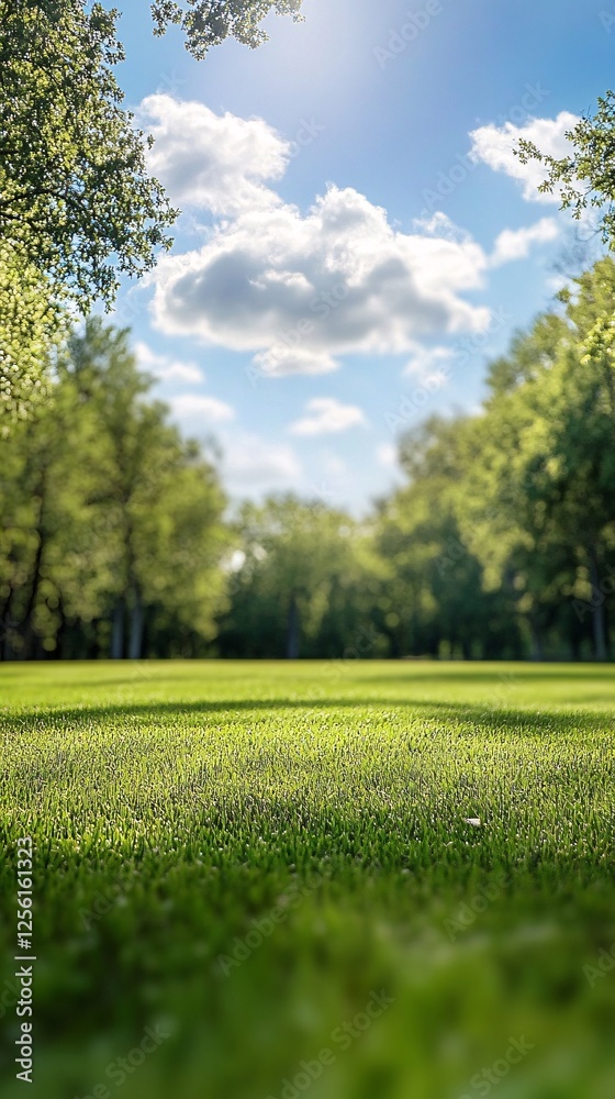 Lush green grass under a bright blue sky, surrounded by vibrant trees, creating a serene outdoor atmosphere. Lush green grass under a bright blue sky, surrounded by vibrant trees, creating a serene outdoor atmosphere.