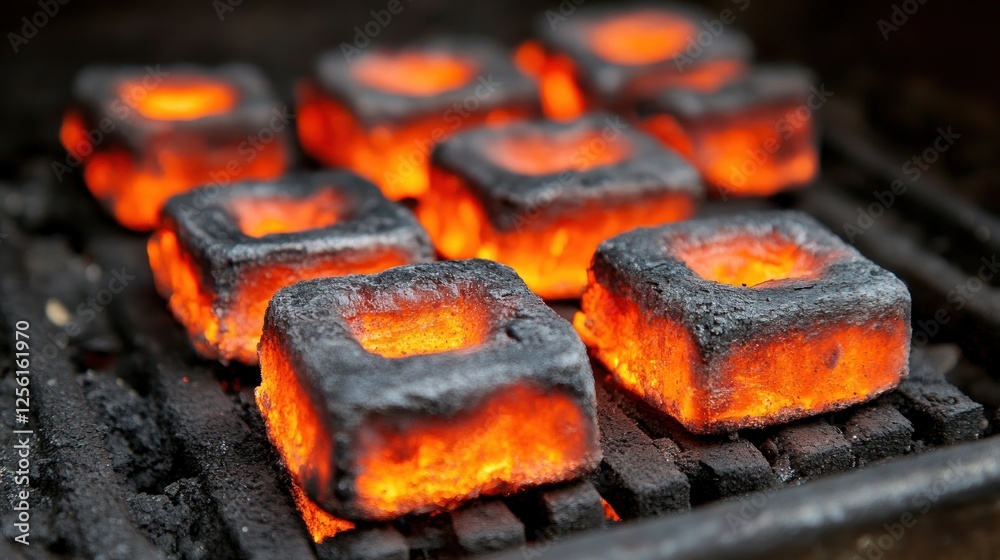 Glowing square charcoal briquettes on a grill grate. Glowing square charcoal briquettes on a grill grate.