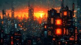 Cybernetic Sundown: Neon Metropolis Awakens. A mesmerizing futuristic cityscape illuminated by the radiant glow of a setting sun.