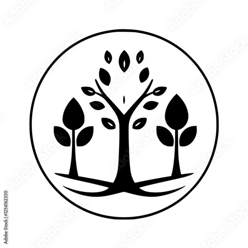 Black and white image of a stylized tree within a circle, surrounded by two smaller trees, representing growth and nature.
