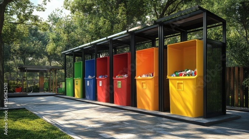 A modern recycling station with multiple bins for sorting waste, arranged under a shelter. The area is surrounded by greenery, promoting an eco-friendly environment.